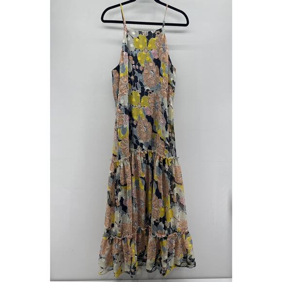 Lulus Wonderful Memories Black Yellow Floral Jacquard Flowy Tiered Midi Dress‎ - Picture 2 of 8